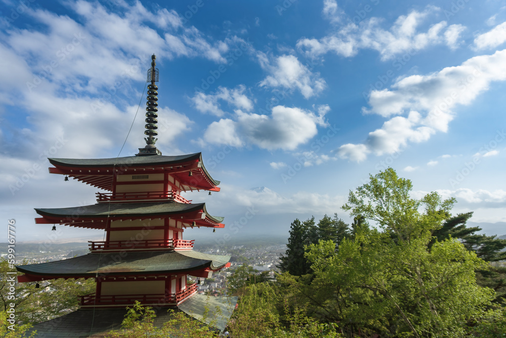 Chureito Pagoda in the spring on daytime in Fujiyoshida, Japan