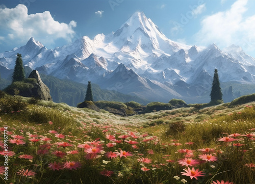 Floral Fantasy: A Beautiful View of Blossoming Flower Fields with the Majestic Mountains Standing Guard in the Distance Preserving Nature Beauty with Beautiful Mix of Colors © Musashi_Collection