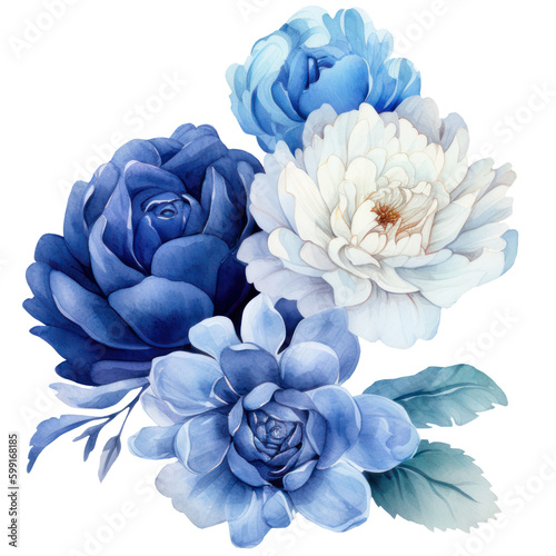Illustration Bouquet of blue flowers, watercolor blue floral, rose, peony, dahlia, Isolated on transparent background. Generative AI