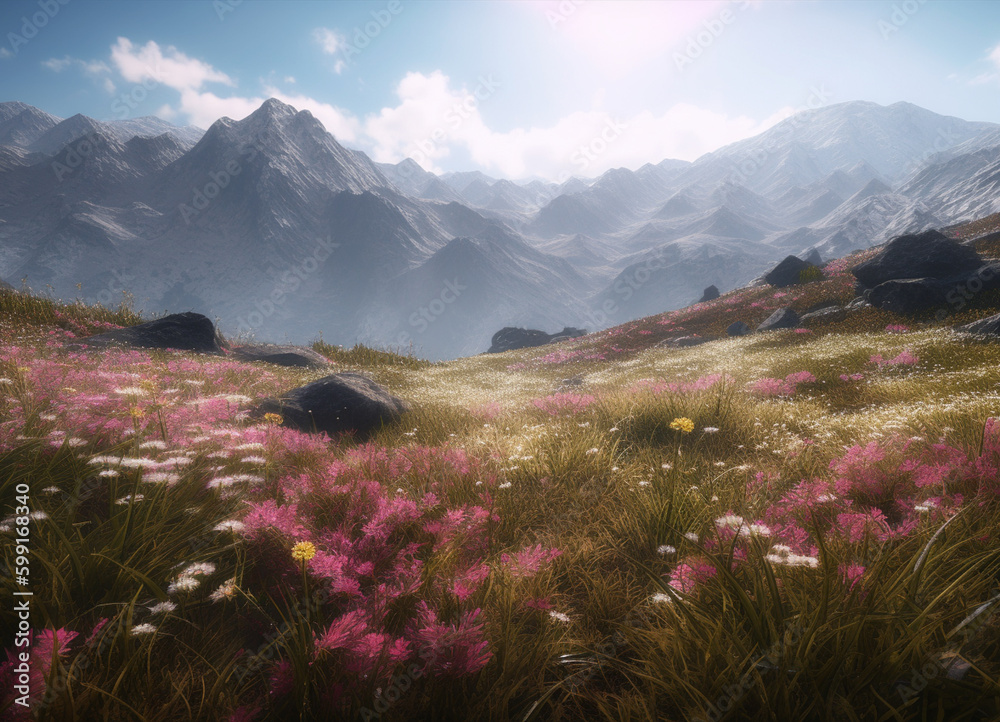 Obraz premium Floral Fantasy: A Beautiful View of Blossoming Flower Fields with the Majestic Mountains Standing Guard in the Distance Preserving Nature Beauty with Beautiful Mix of Colors