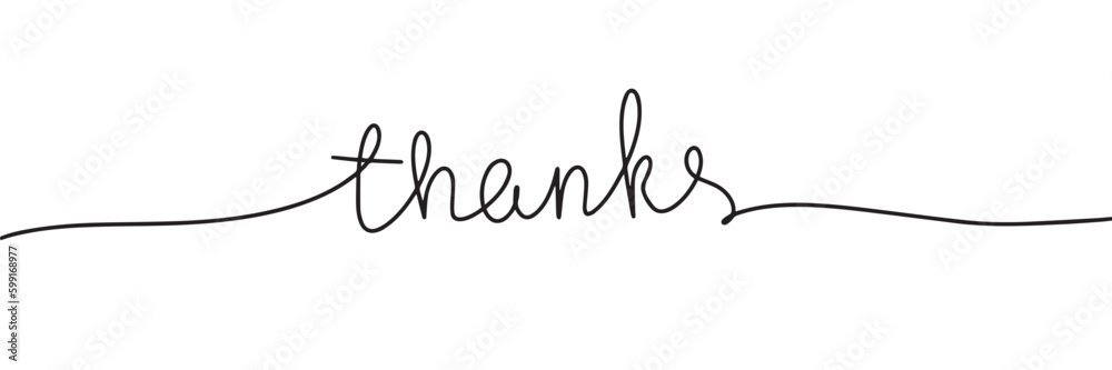 Word thanks one line continuous line. Handwriting phrase. Monoline, line art vector illustration.