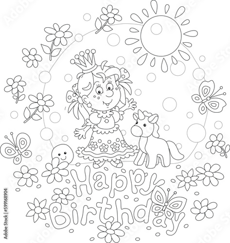 Birthday card with a funny little princess and her toy unicorn among pretty flowers in a sunny summer garden, black and white outline vector cartoon illustration