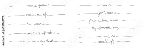 Collection of one line continuous phrase about music. Set of handwriting music quote monoline. Vector illustration.