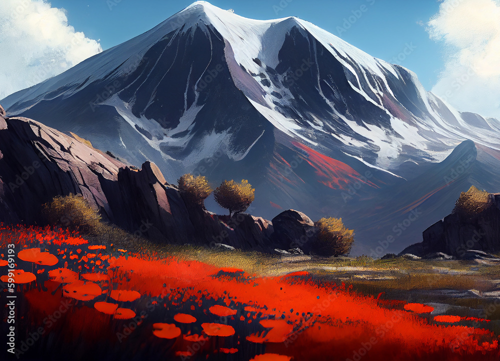 Crimson Flower Cascade: A Stunning Display of Radiant Red Flowers Adorning the Meadows with Majestic Mountains Framing the Distance