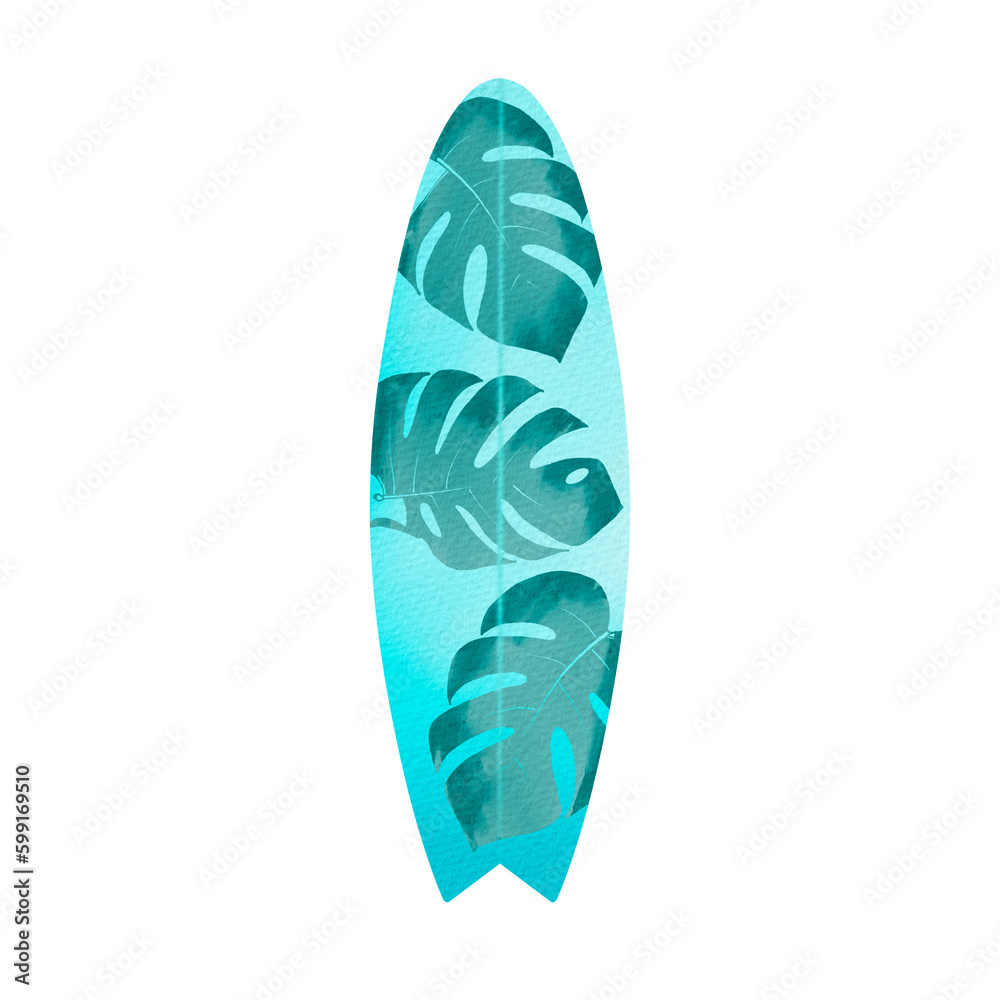 Blue watercolor surfboard.
Blue watercolor surfboard.