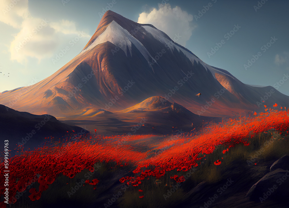 Crimson Flower Cascade: A Stunning Display of Radiant Red Flowers Adorning the Meadows with Majestic Mountains Framing the Distance