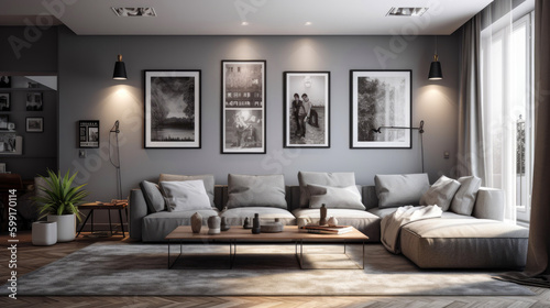 Modern minimalistic living room design. Generative AI © piai