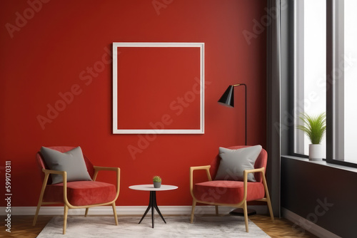 Mockup canvas frame in red waiting room for clients, white armchairs and coffee table. Office waiting zone for people, seats and lamp with table near window, 3D rendering no people, generative AI