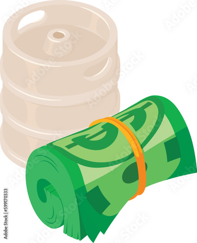 Beer delivery icon isometric vector. Metal beer keg and dollar bill stack icon. Delivery, production, business