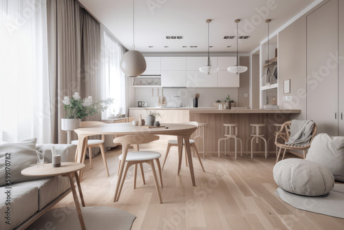 Warm pastel white and beige colors are used in the interior design of the spacious  cheerful studio apartment in the Scandinavian style. Modern touches in the kitchen and fashionable  generative AI