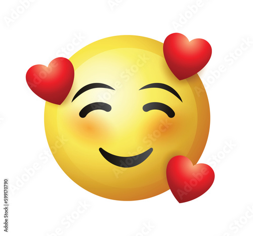 High quality emoticon on white background. Emoji blushing in love with red hearts. Yellow face emoji in love. Popular chat elements. Love emoticon.