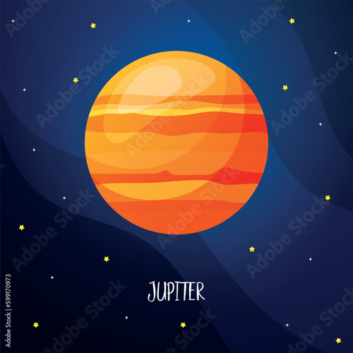 Cartoon Jupiter planet for kids education. Solar system planets on the sky with stars. Astronomy cosmic galaxy space. 