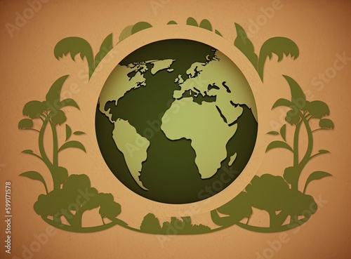 The silhouette of the planet in the style of paper clippings. Ecological concept. Green planet. Earth Day. Mother Nature. Recycling. Biodegradable material created with Generative AI technology