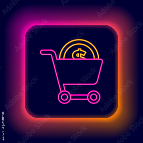 Glowing neon line Shopping cart and dollar symbol icon isolated on black background. Online buying concept. Delivery service. Supermarket basket. Colorful outline concept. Vector