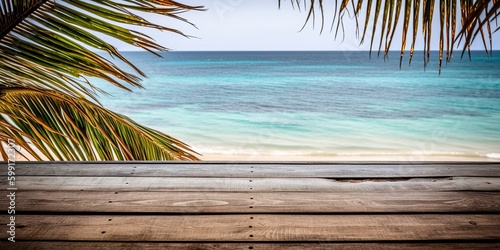 Wooden floors  sea backdrop wooden table. Bright holiday concept. Vacation concept. Beautiful natural landscape. Realistic tropical illustration. Construction decoration concept. Retro style.