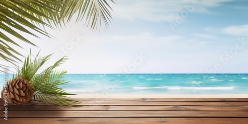 Wooden floors  sea backdrop wooden table. Bright holiday concept. Vacation concept. Beautiful natural landscape. Realistic tropical illustration. Construction decoration concept. Retro style.