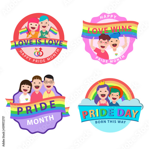 Happy Pride month labels illustration on white background. LGBTQ labels with pride flags, rainbow and pride wording vector. Sticker of lesbian, gay, bisexual and transgender concept.