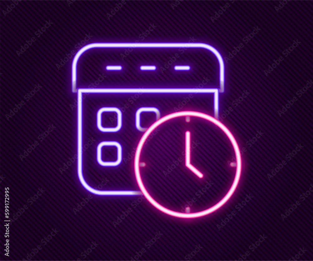 Glowing neon line Calendar and clock icon isolated on black background. Schedule, appointment, organizer, timesheet, time management. Colorful outline concept. Vector Glowing neon line Calendar and clock icon isolated on black background. Schedule, appointment, organizer, timesheet, time management. Colorful outline concept. Vector