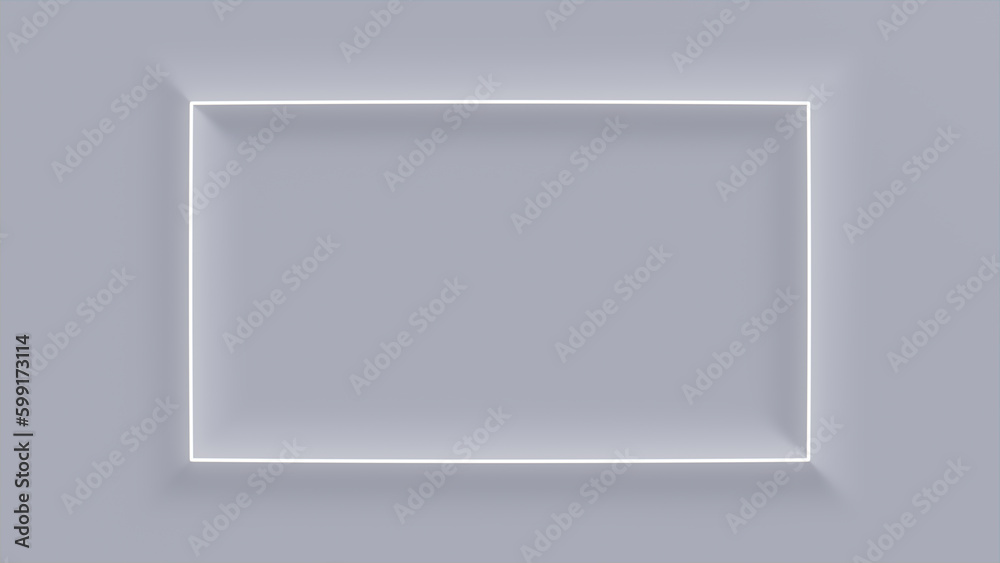 White Surface with Embossed Shape and White Illuminated Trim. Tech Background with Neon Rectangle. 3D Render. White Surface with Embossed Shape and White Illuminated Trim. Tech Background with Neon Rectangle. 3D Render.