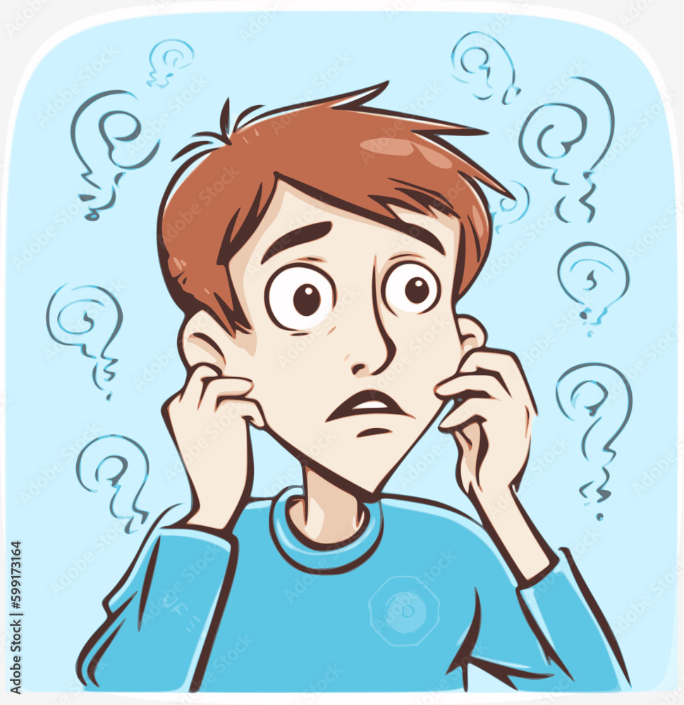 Pensive child confused and puzzled standing with huge question mark, flat cartoon vector illustration isolated on white background. Kid thinking over question. Pensive child confused and puzzled standing with huge question mark, flat cartoon vector illustration isolated on white background. Kid thinking over question.