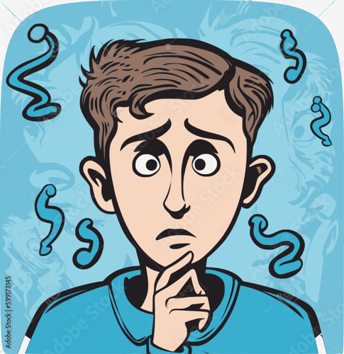 man confused and puzzled standing with huge question mark, flat cartoon vector illustration isolated on white background. Kid thinking over question.