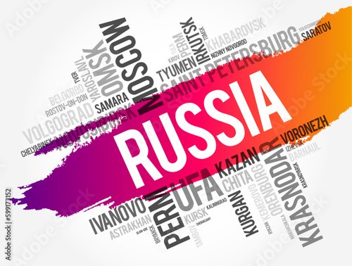 List of cities and towns in Russia, word cloud collage, business and travel concept background