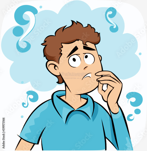 man confused and puzzled standing with huge question mark, flat cartoon vector illustration isolated on white background. Kid thinking over question.