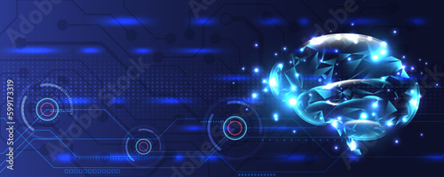 Design incorporates the concept of deep learning. Human brain on circuit board background. Artificial intelligence AI, machine learning concept.