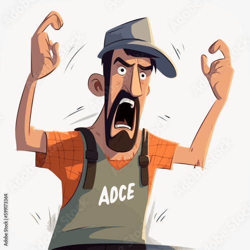 man in a hat  gets mad angry fighting and shouting expression, Vector illustration.