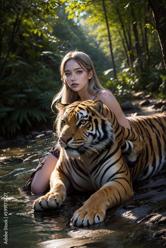 woman in the forest with big tiger