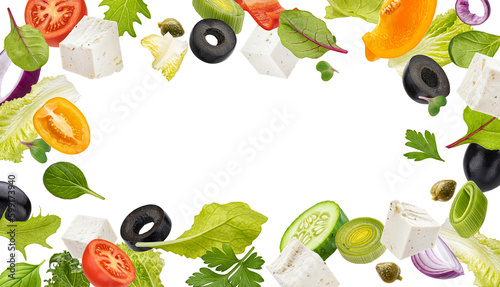 Falling greek salad ingredients isolated on white background, mediterranean food concept