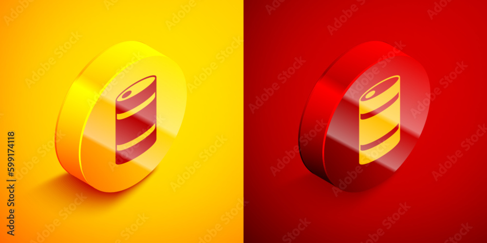 Isometric Metal beer keg icon isolated on orange and red background. Circle button. Vector Isometric Metal beer keg icon isolated on orange and red background. Circle button. Vector