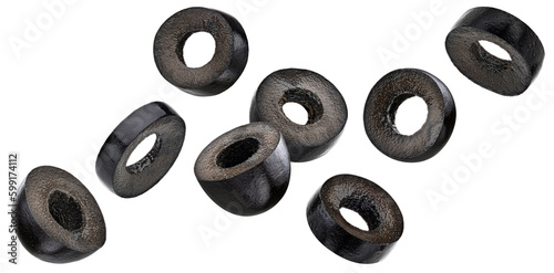 Canvastavla Falling black olive slices isolated on white background
