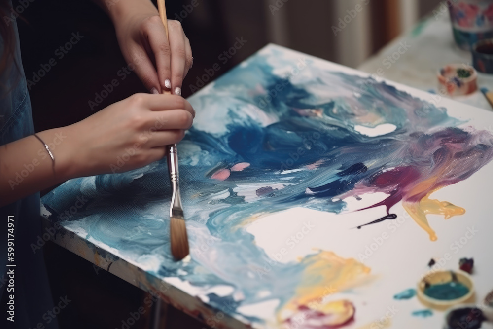 Fototapeta premium Finish artwork. Female artist. Creative studio. Unrecognizable woman creating abstract picture on canvas with spatula