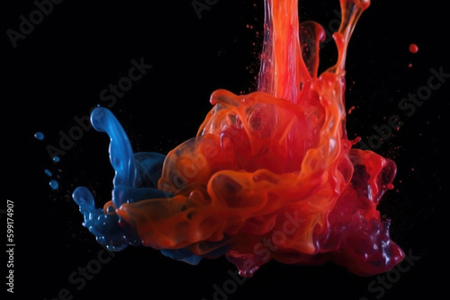 Paint drop. Ink water. Cold flame. Burning ice. Red orange blue color gradient glowing glitter fluid splash on dark black abstract art background 