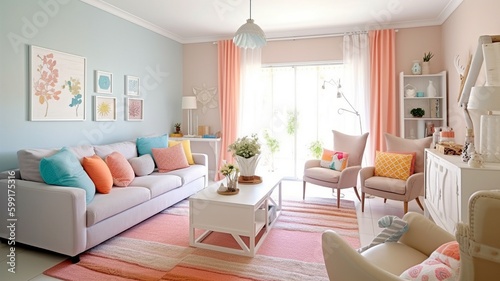 a cheery  light-colored living room. GENERATE AI