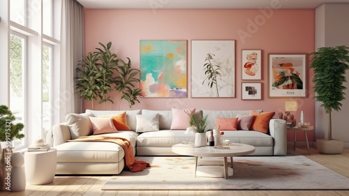 a cheery, light-colored living room. GENERATE AI