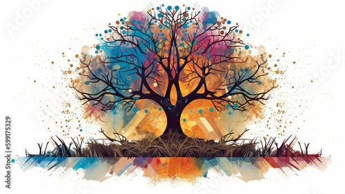 large tree with thick roots that is made out of geometric forms like triangles and geomatrics in various colors. tranquility, patience, splendor, and bright, vivid colors. GENERATE AI