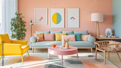 a cheery, light-colored living room. GENERATE AI © Sawitree88