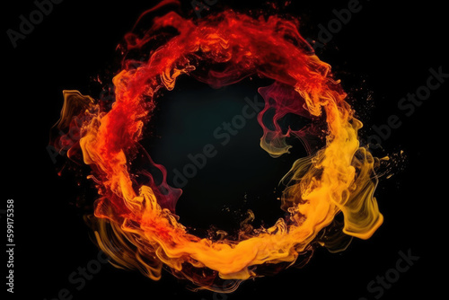 Smoke circle. Ink water. Fluid swirl. Fume vortex. Bright yellow orange red color vapor round frame splash on black abstract art background