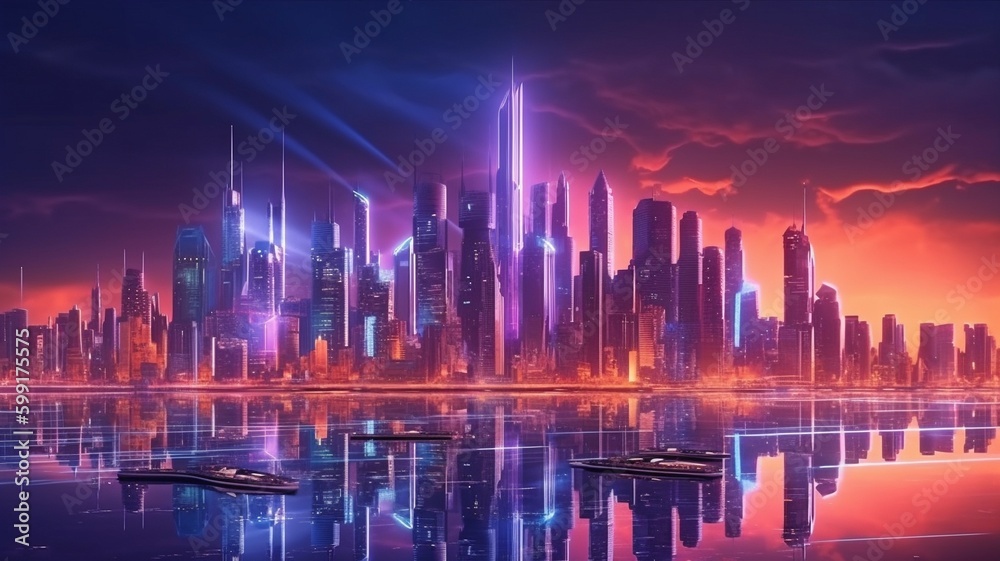 City of neon lights, technology, and the future. GENERATE AI