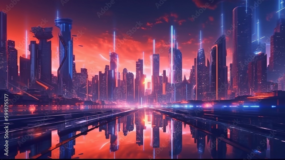 City of neon lights, technology, and the future. GENERATE AI