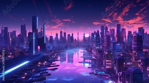 City of neon lights, technology, and the future. GENERATE AI © Sawitree88