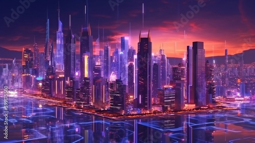 City of neon lights  technology  and the future. GENERATE AI