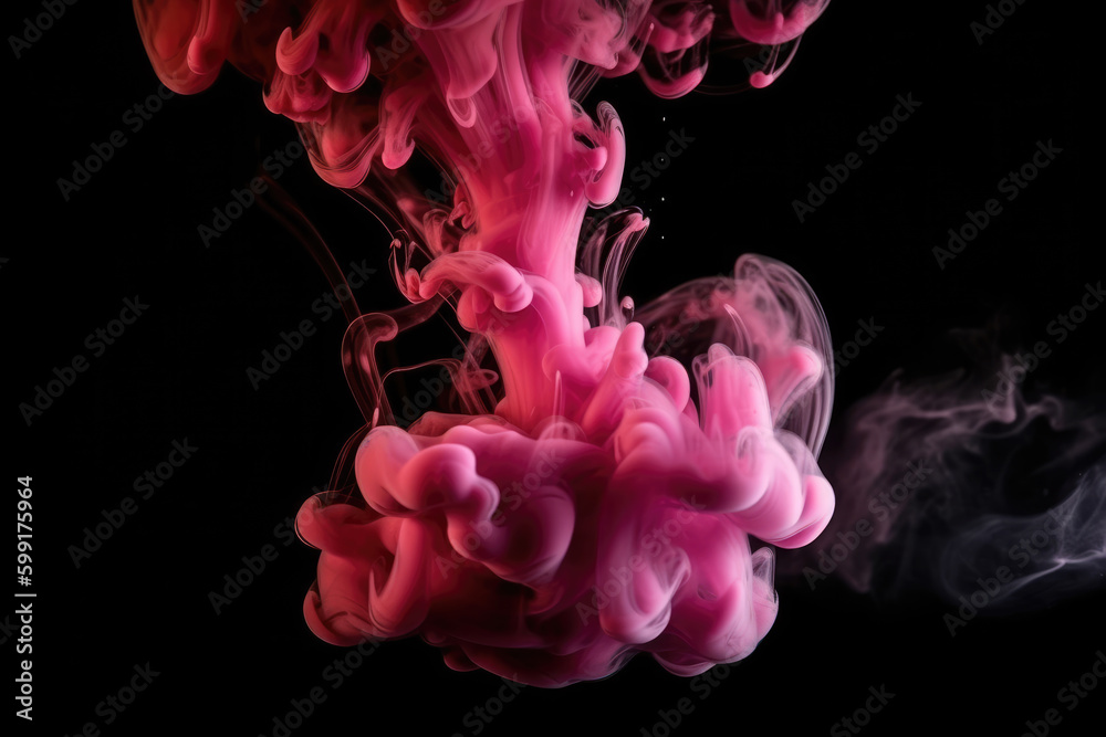Ink water. Color fume. Acrylic paint drop. Pink glowing fog cloud floating on black creative abstract art background with free space Ink water. Color fume. Acrylic paint drop. Pink glowing fog cloud floating on black creative abstract art background with free space