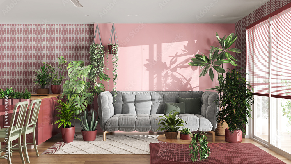 Urban jungle, kitchen and living room in white and red tones. Dining table, parquet floor and houseplants. Home garden interior design. Love for plants concept