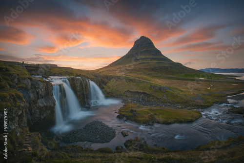 Iceland waterfall most famous in north at idyllic sunset