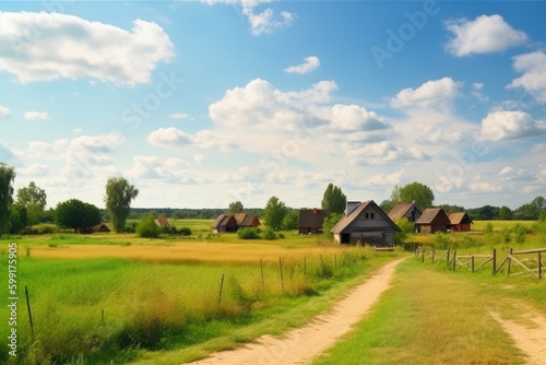 Countryside village. Hay fields. Agricultural land. Green and yellow harvest path of farmland meadow with small cottage houses fluffy sky clouds daylight panorama