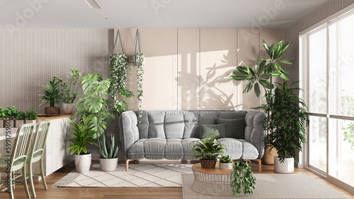 Urban jungle  kitchen and living room in white and wooden tones. Dining table  parquet floor and houseplants. Home garden interior design. Love for plants concept