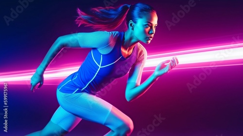 Professional female athlete, runner practicing with mixed pink neon light on blue studio background. Concept of a healthy lifestyle, mobility, and action. GENERATE AI © Sawitree88